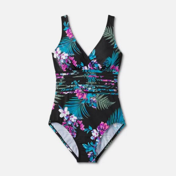Waist Detail Over the Shoulder One Piece Swimsuit - Aqua Green® Black Floral L - Picture 3 of 7